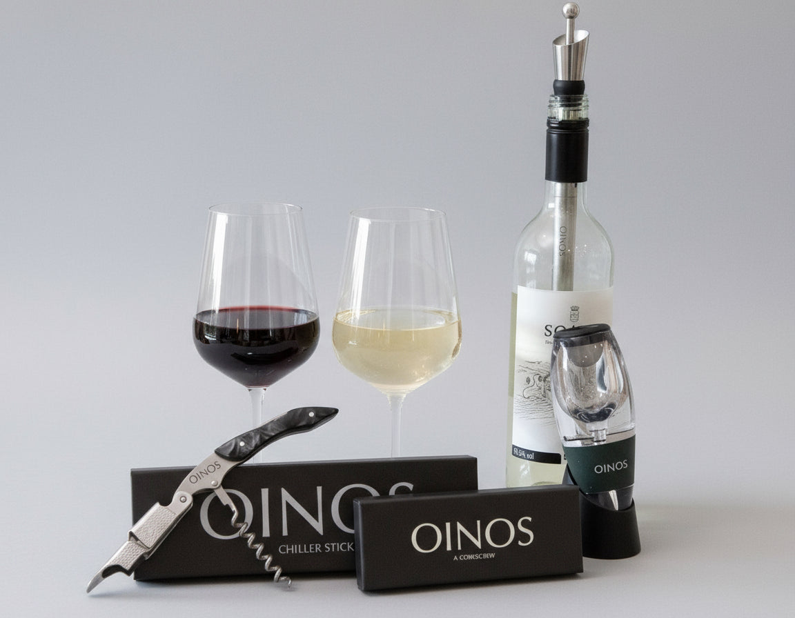 Wine bottle, glasses, and chiller stick on a table with 'Oinos' branding.